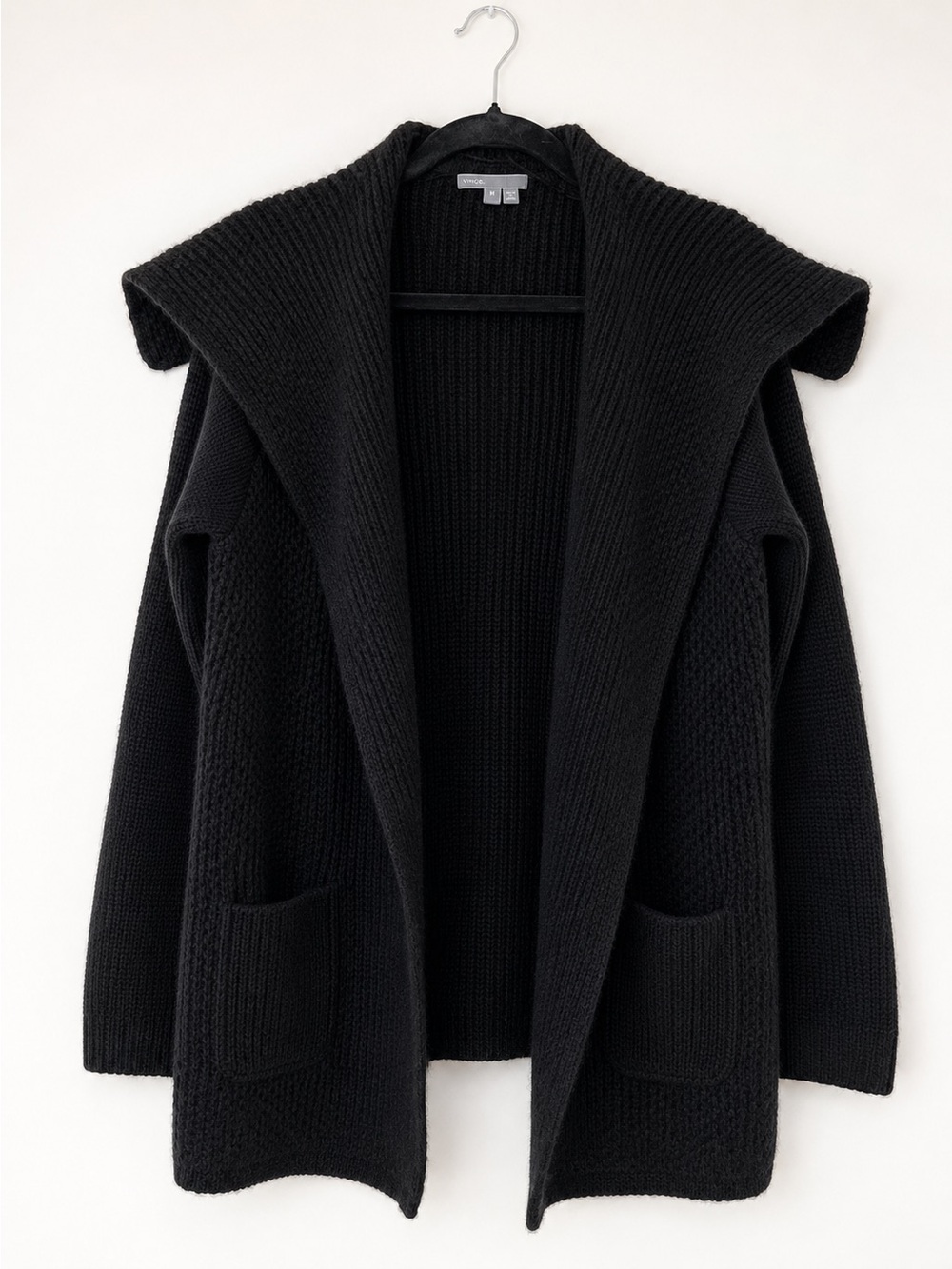 Vince 50% Yak 50% Wool Black Shawl Collar Open Cardigan Sweater Pockets M